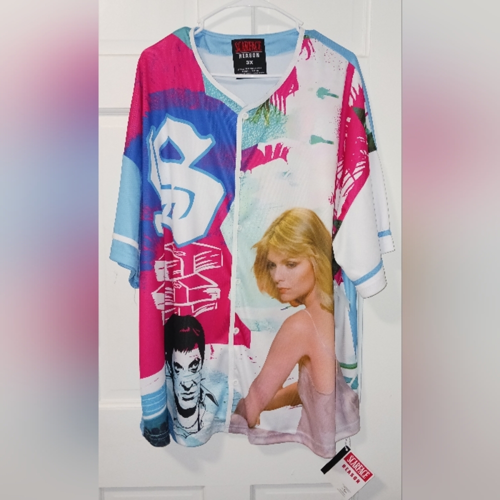 SCARFACE Pacino Pfeiffer Baseball Shirt, Button Up Full Color NWT Sz 2X Or 3X
